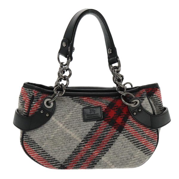 BURBERRY Nova Check Chain Blue Label Hand Bag Wool Gray SilverNew 95473 Hot on Sale